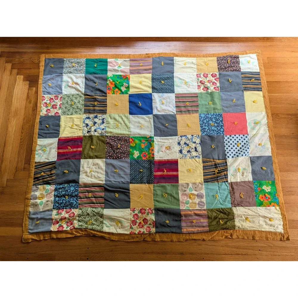 Vintage Handmade Tied Patchwork Quilt Multi Color Floral Stripe Cotton 60x74